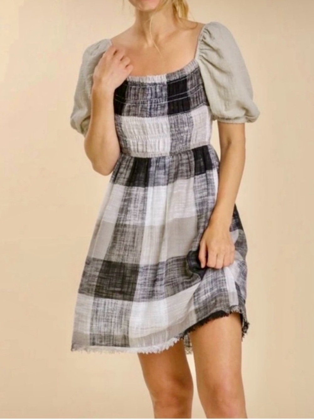 Umgee Buffalo Check Smocked Bodice Cotton Boho Peasant Dress Raw Hem Size L